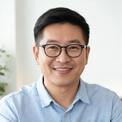 团队创始人陈明，戴眼镜，面带微笑，穿着休闲衬衫