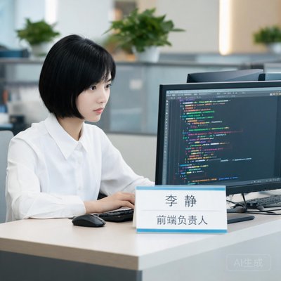 前端负责人李静，短发干练，在电脑前工作