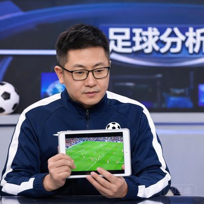 足球分析师王涛，穿着运动外套，手持平板